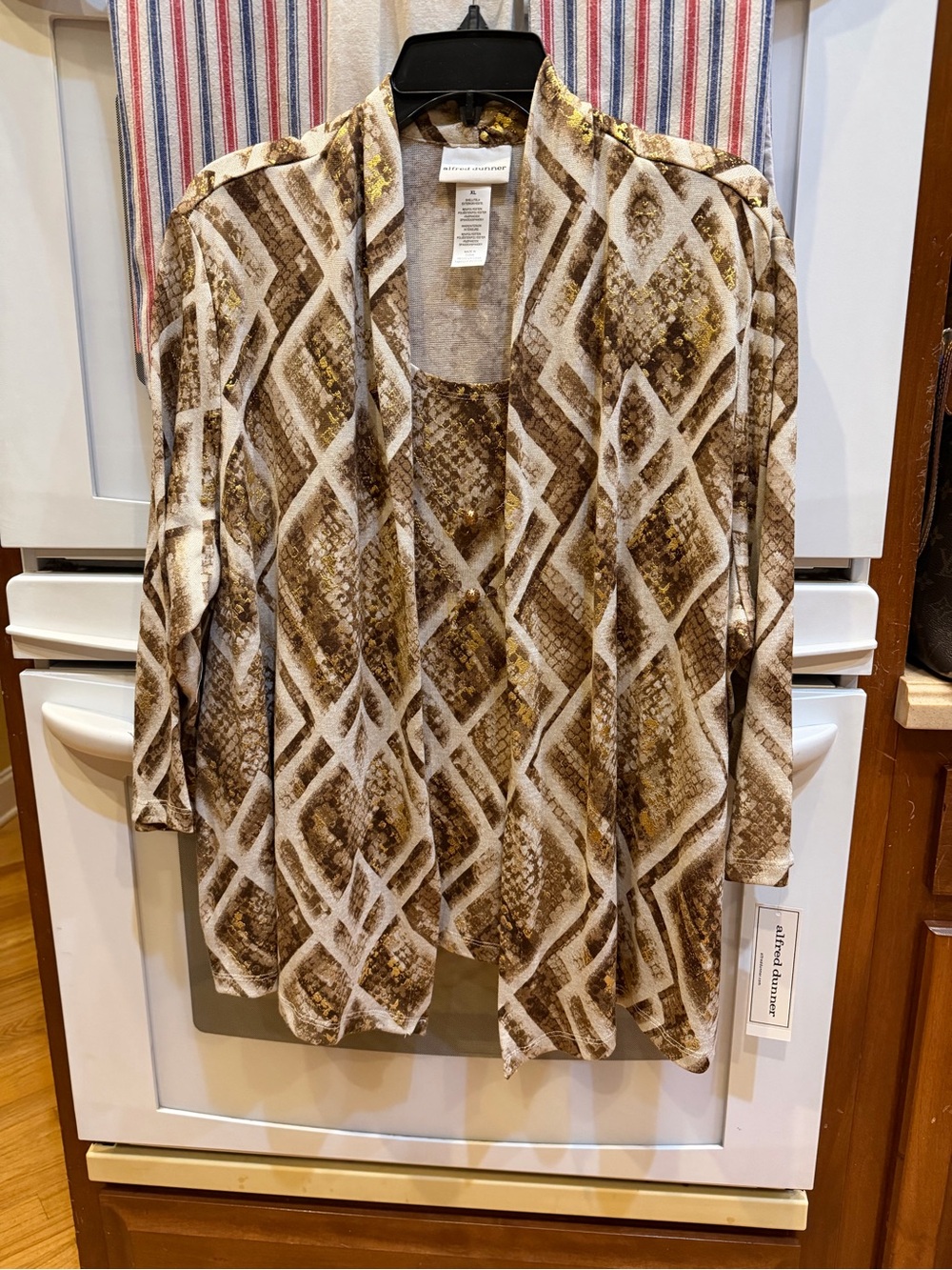 Alfred Dunner Brown and Cream Snake-Print Open Cardigan with Shell